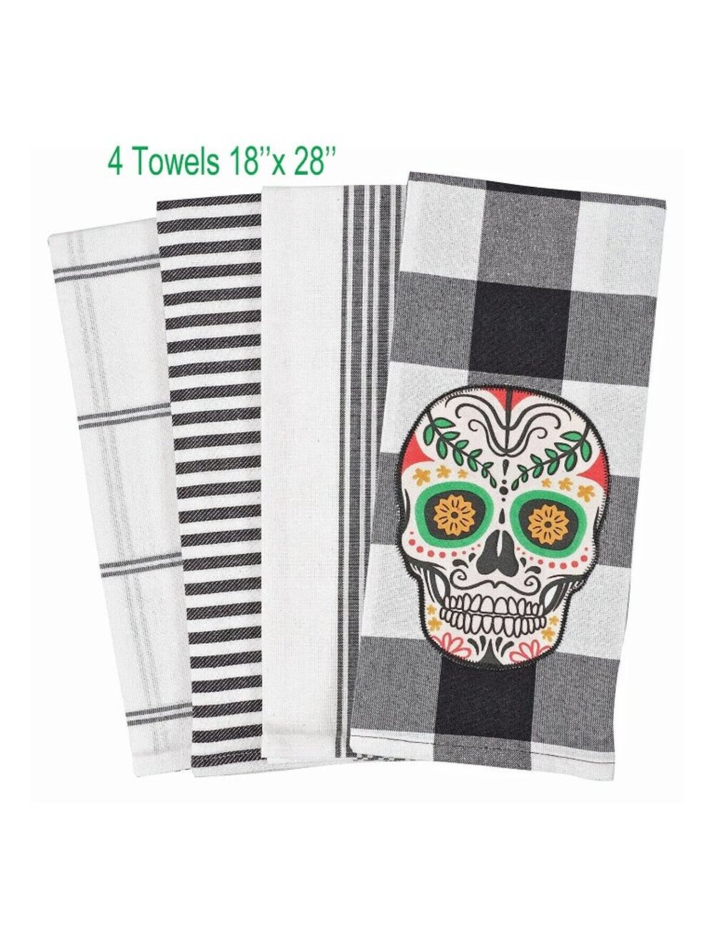 Pantry Appliqué Halloween Dish Towel Set of 4 100% Cotton 18x18 Sugar Scull